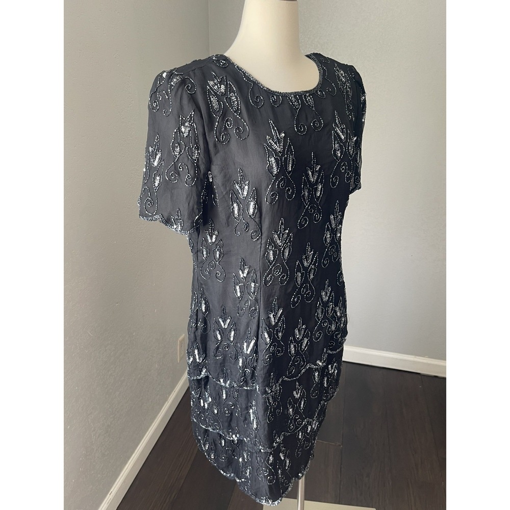 VTG Stenay Dress Womens Large Black Silk Beaded Short Sleeve Scoop Neck Cocktail